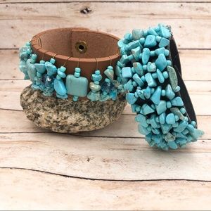 Turquoise Bead Wire Wrapped Leather Snap Western Style Wrap Bracelet